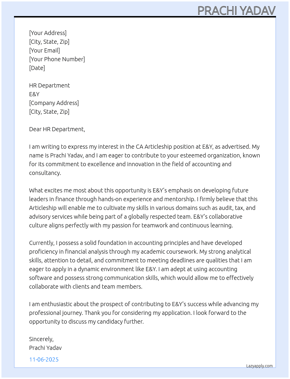 CA Articleship At E&Y Cover Letter