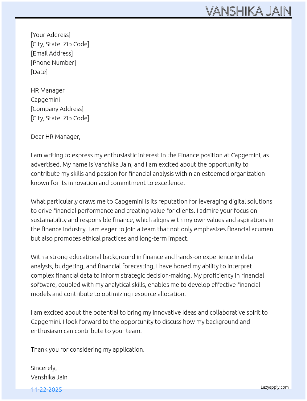 finacne At Cpgemini Cover Letter