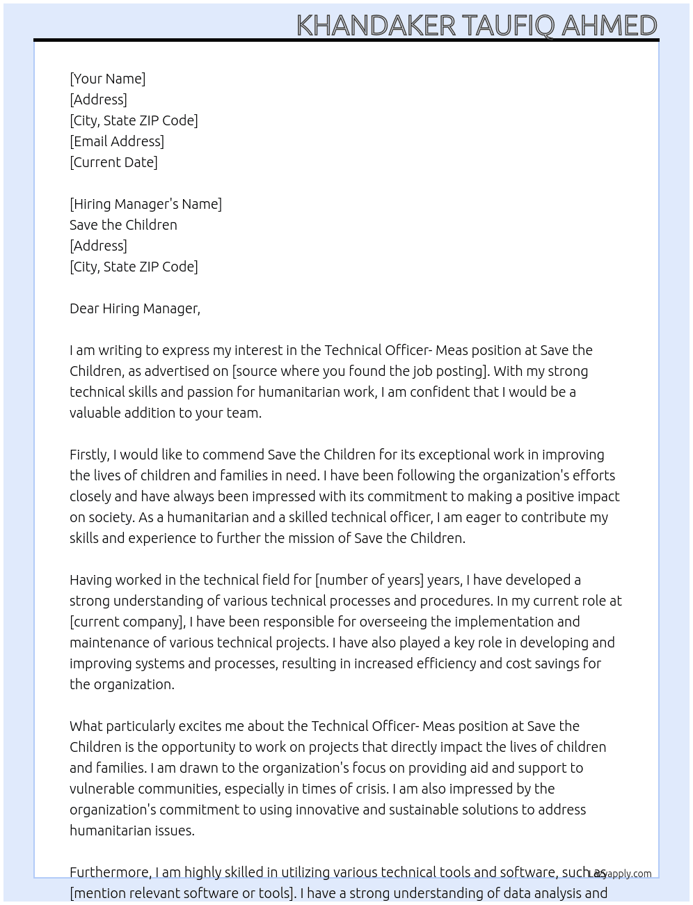 Cover letter for technical officer- meas - LazyApply