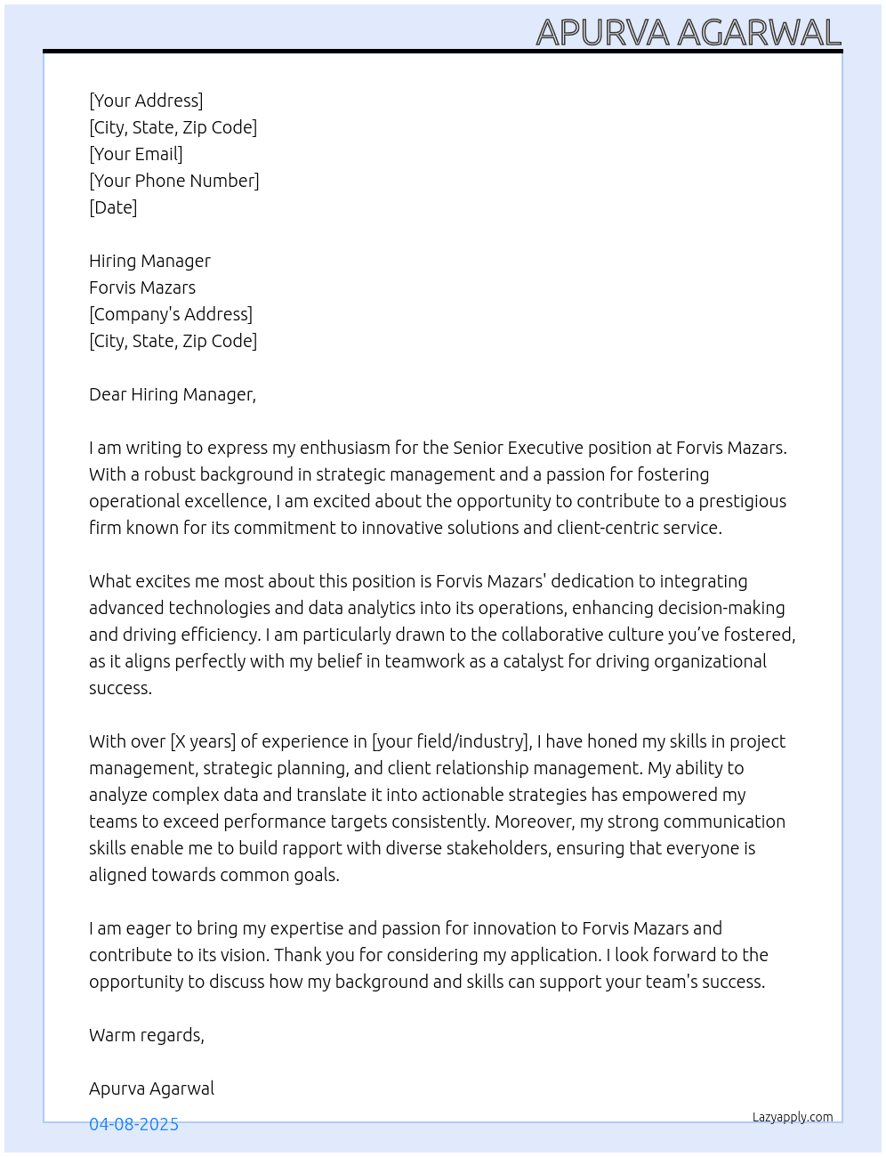 Senior executive At Forvis Mazars Cover Letter