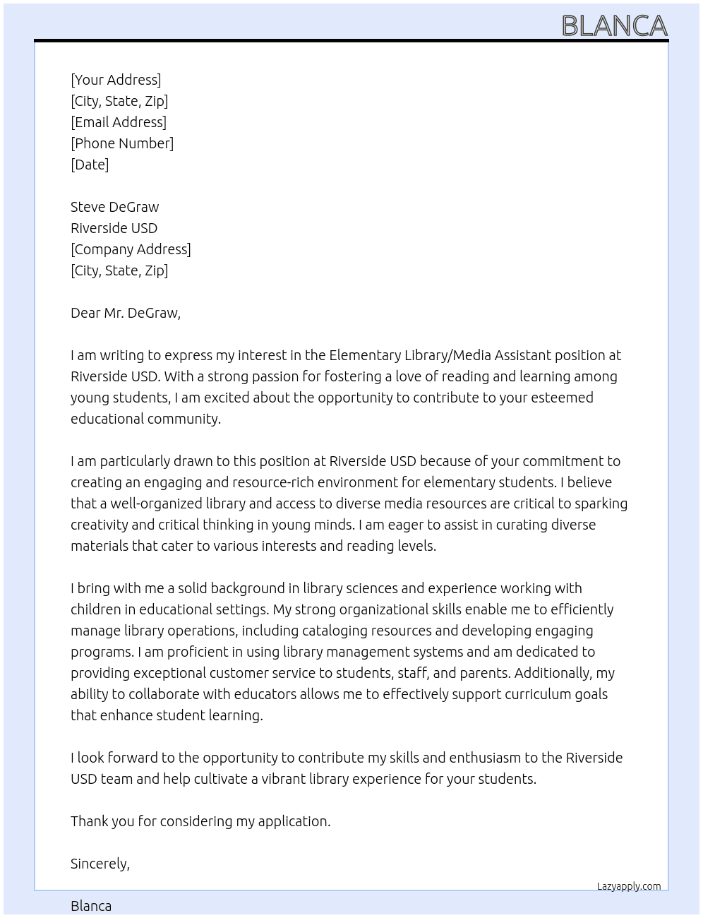 Elementary library/media assistant  At Riverside USD Cover Letter