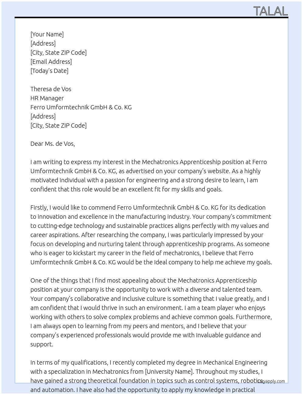 Mechatronics Apprenticeship  At Ferro Umformtechnik GmbH & Co. KG Cover Letter