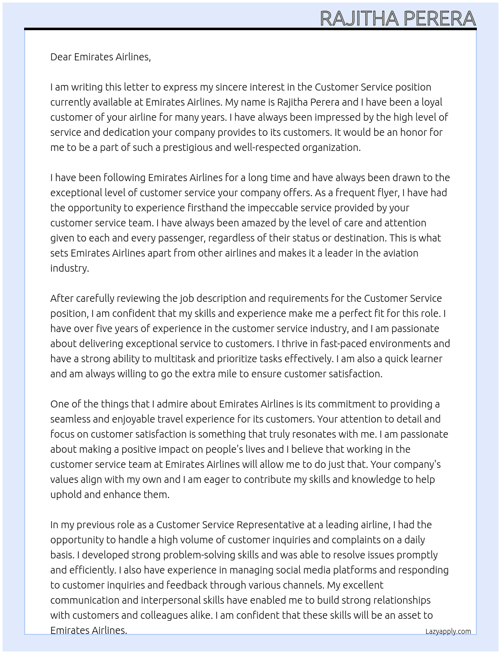 customer service position At Emirates airlines  Cover Letter
