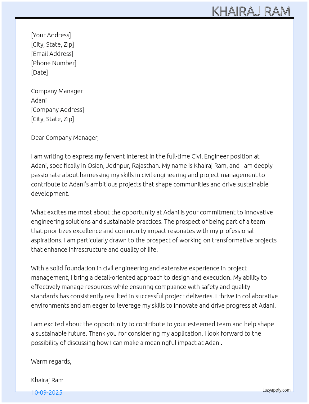 CIVIL ENGINEER  At Adani Cover Letter