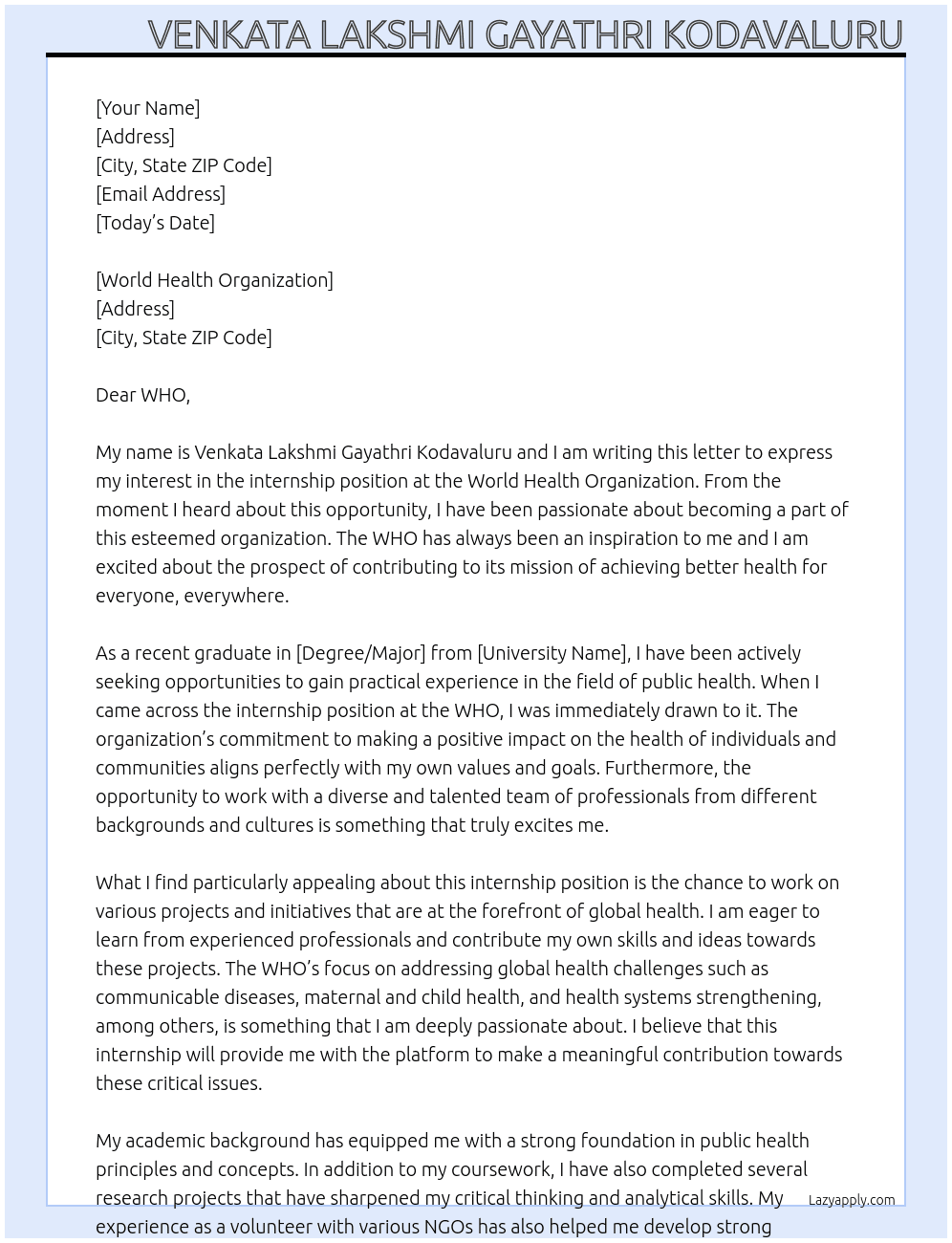 internship At World Health Organisation Cover Letter