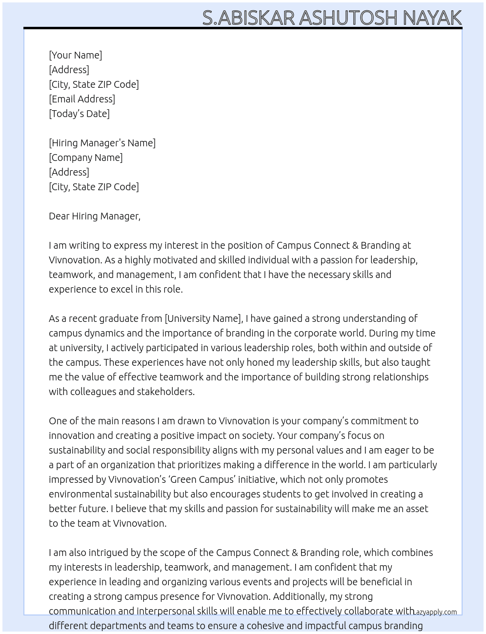 Camous Connect & Branding  At Vivnovation Cover Letter