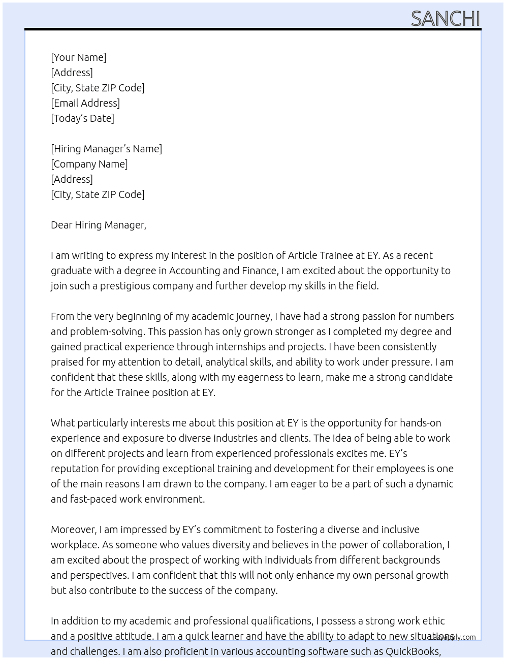 Article Trainee At EY Cover Letter