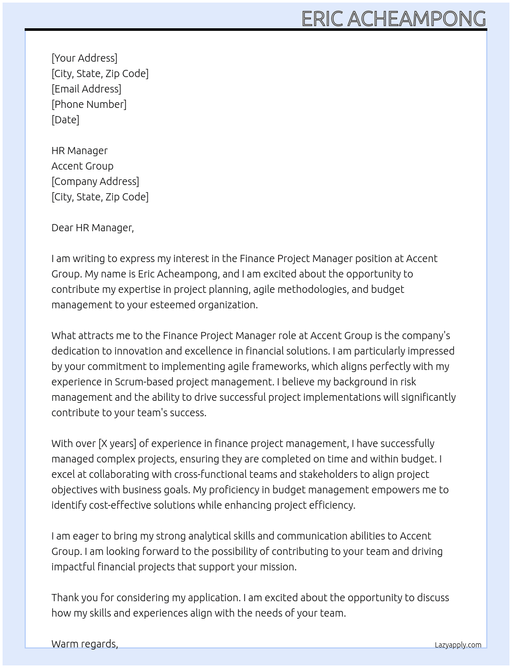 Cover letter for finance project manager - LazyApply
