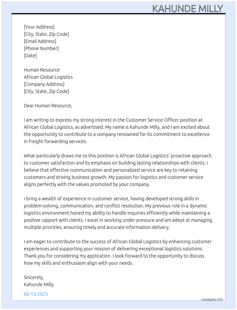 Customer service officer freight forwading At African Global logistics  Cover Letter
