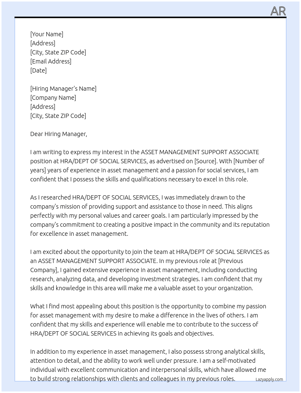 ASSET MANAGEMENT SUPPORT ASSOCIATE At  HRA/DEPT OF SOCIAL SERVICES  Cover Letter