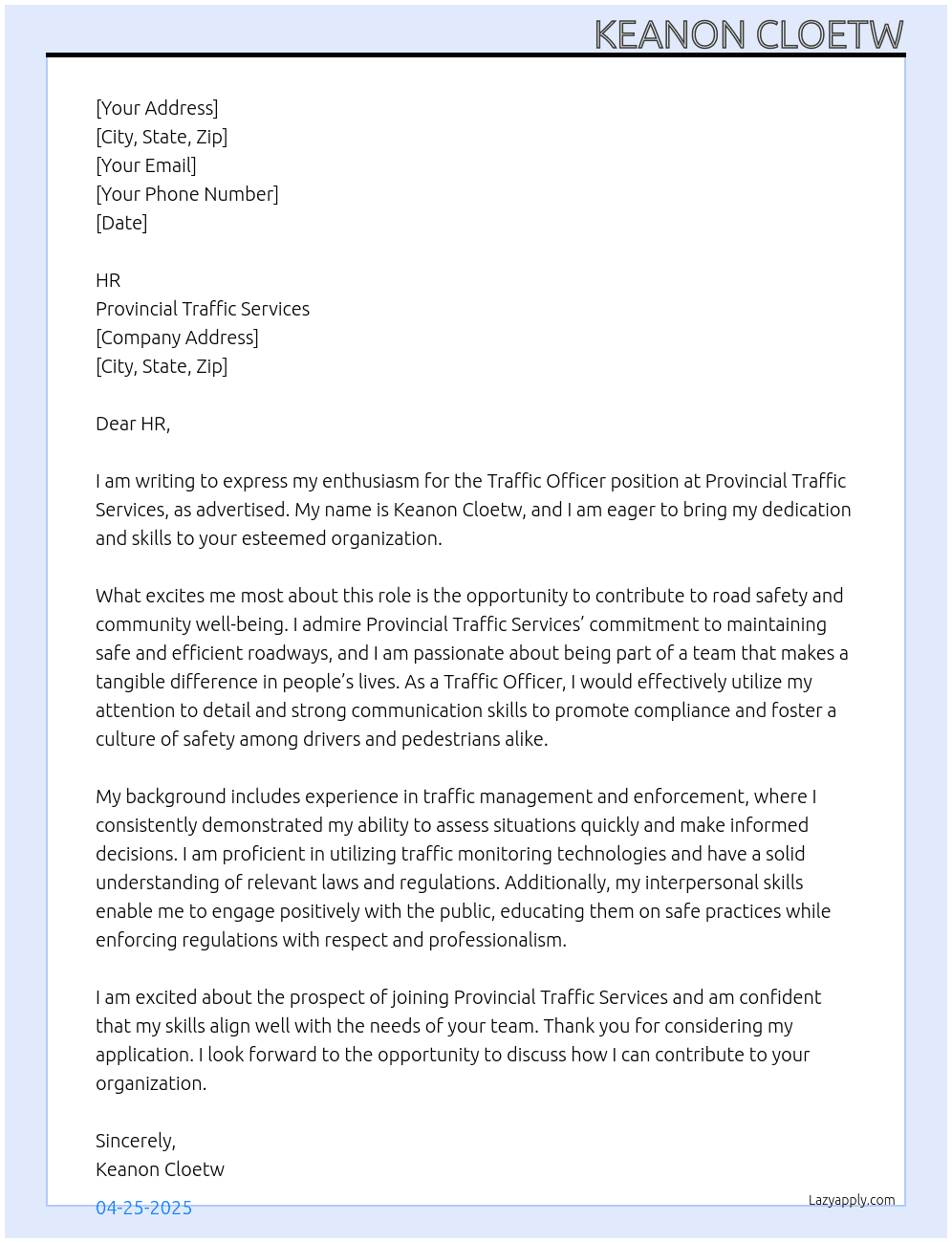 Traffic Officer  At Provincial Traffic Services  Cover Letter