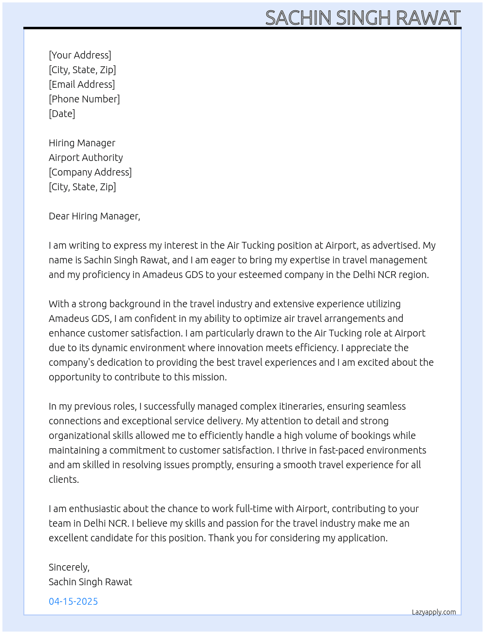 Cover letter for air tucking - LazyApply
