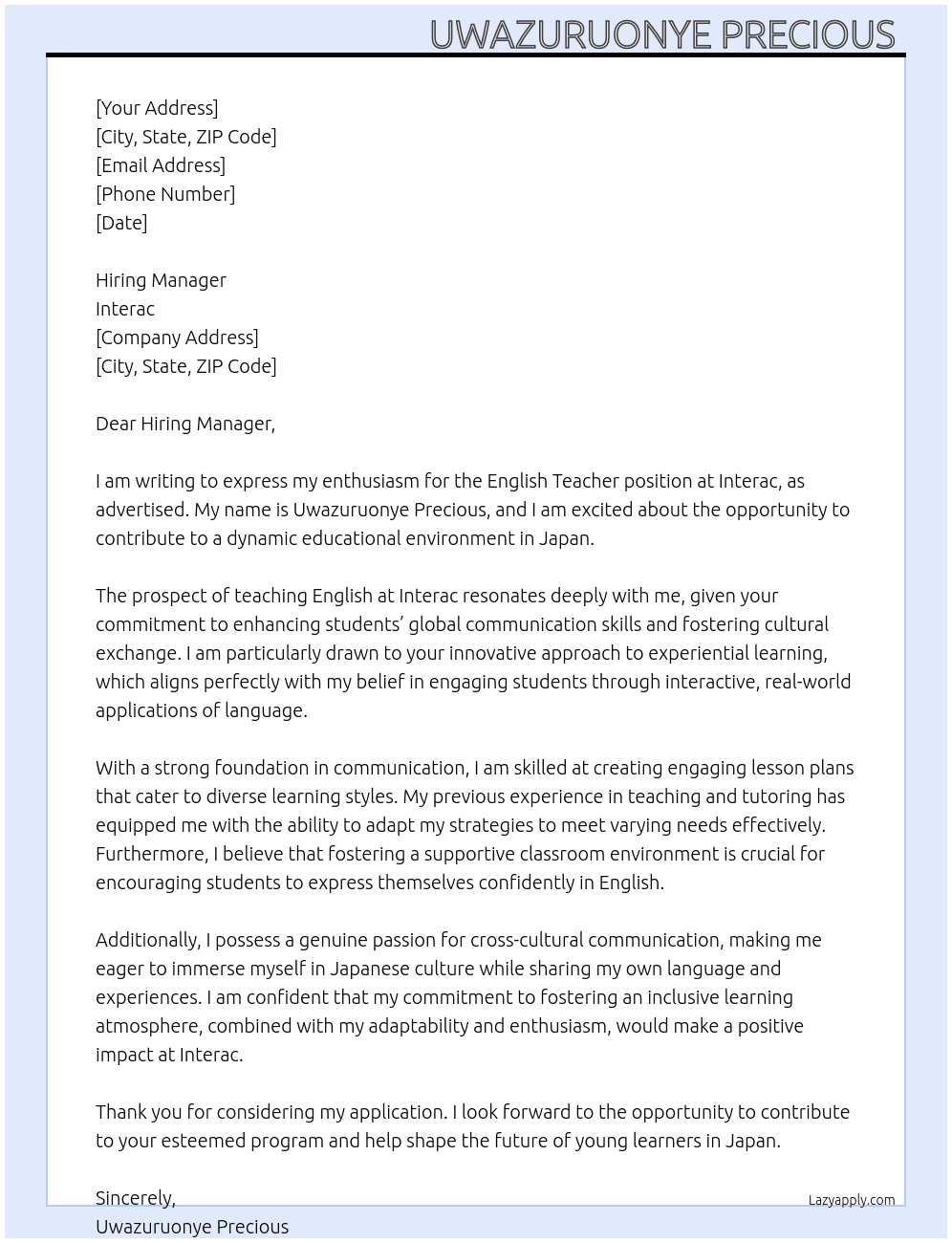 English teacher in Japan  At Interac Cover Letter