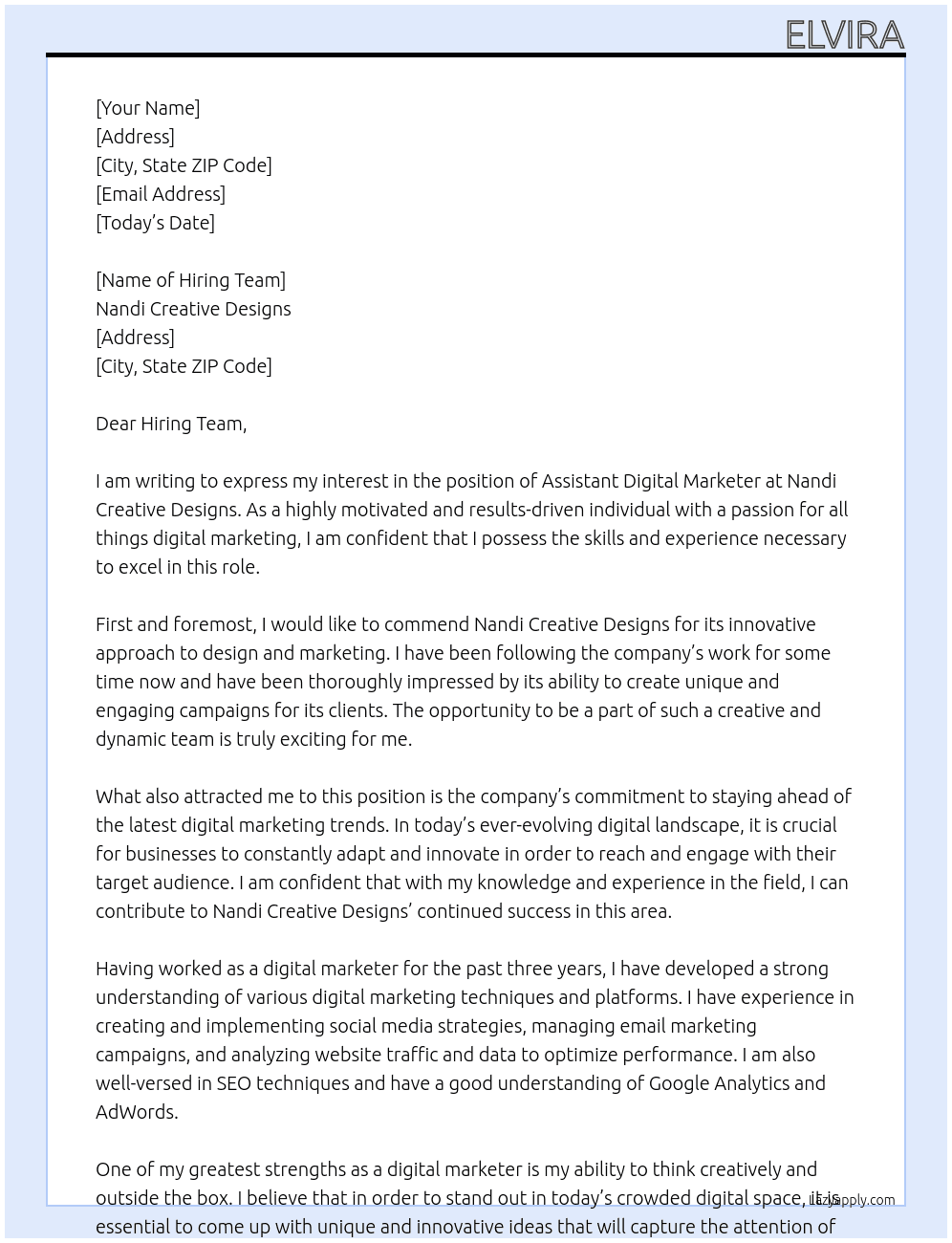 Assistant digital marketer At Nandi creative designs Cover Letter