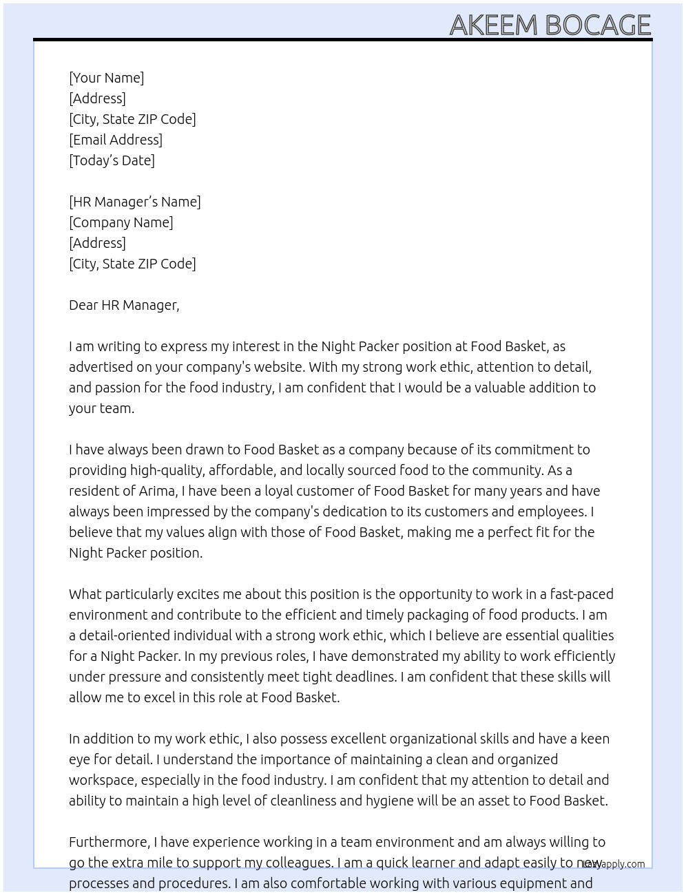 Night Packer At Food Basket  Cover Letter