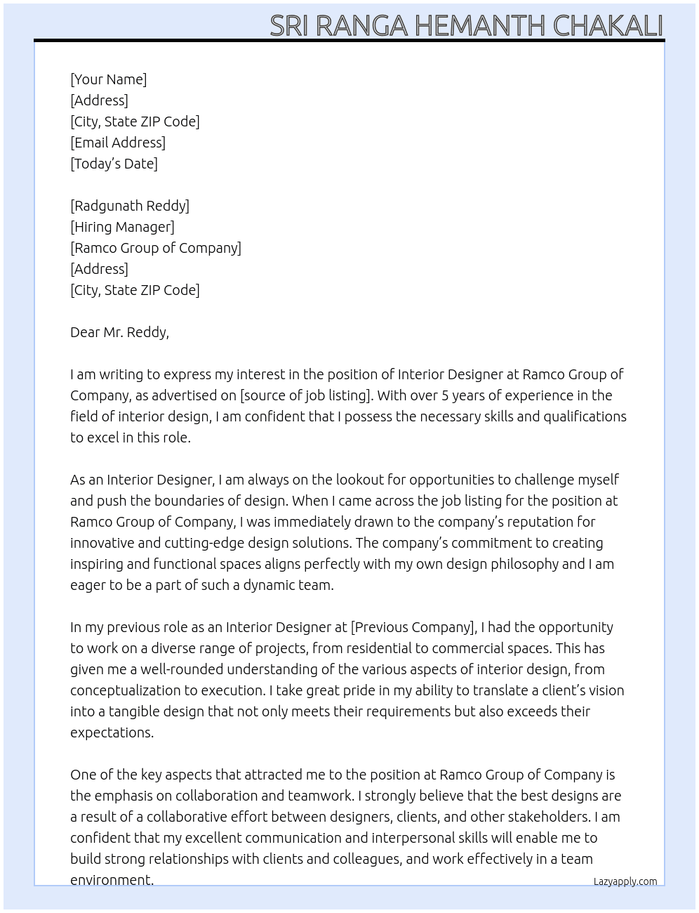 interior designer At ramco group of company Cover Letter