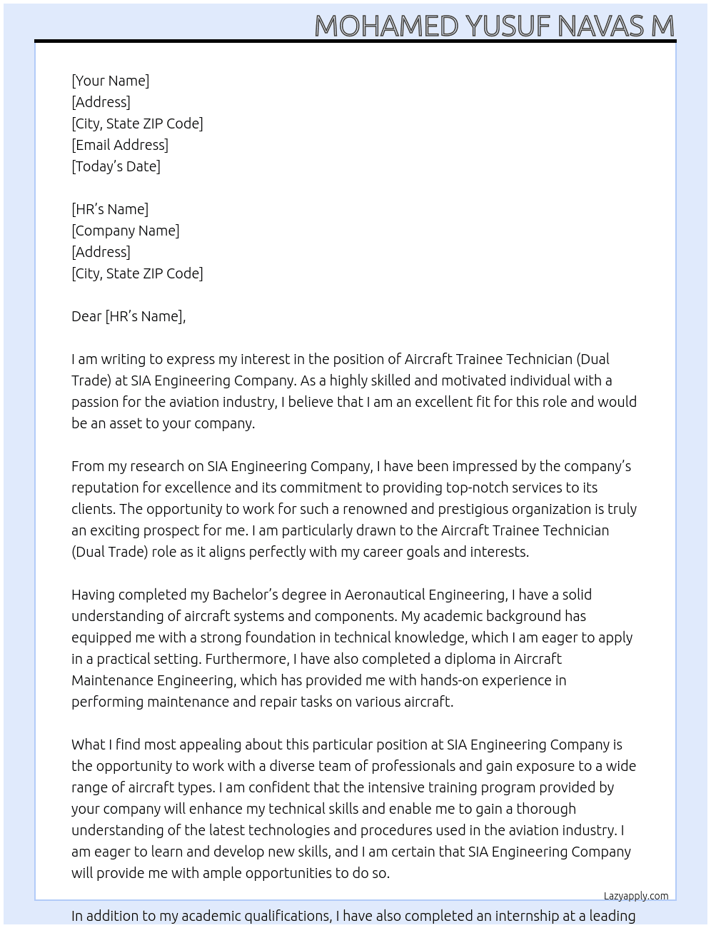 AIRCRAFT TRAINEE TECHINICIAN (DUAL TRADE) At SIA ENGINEERING COMPANY Cover Letter