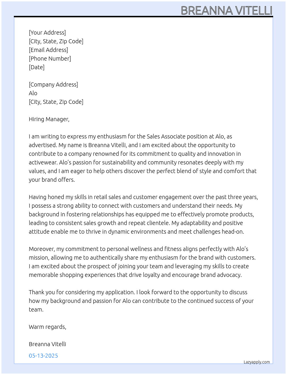 Sales Associate At alo Cover Letter