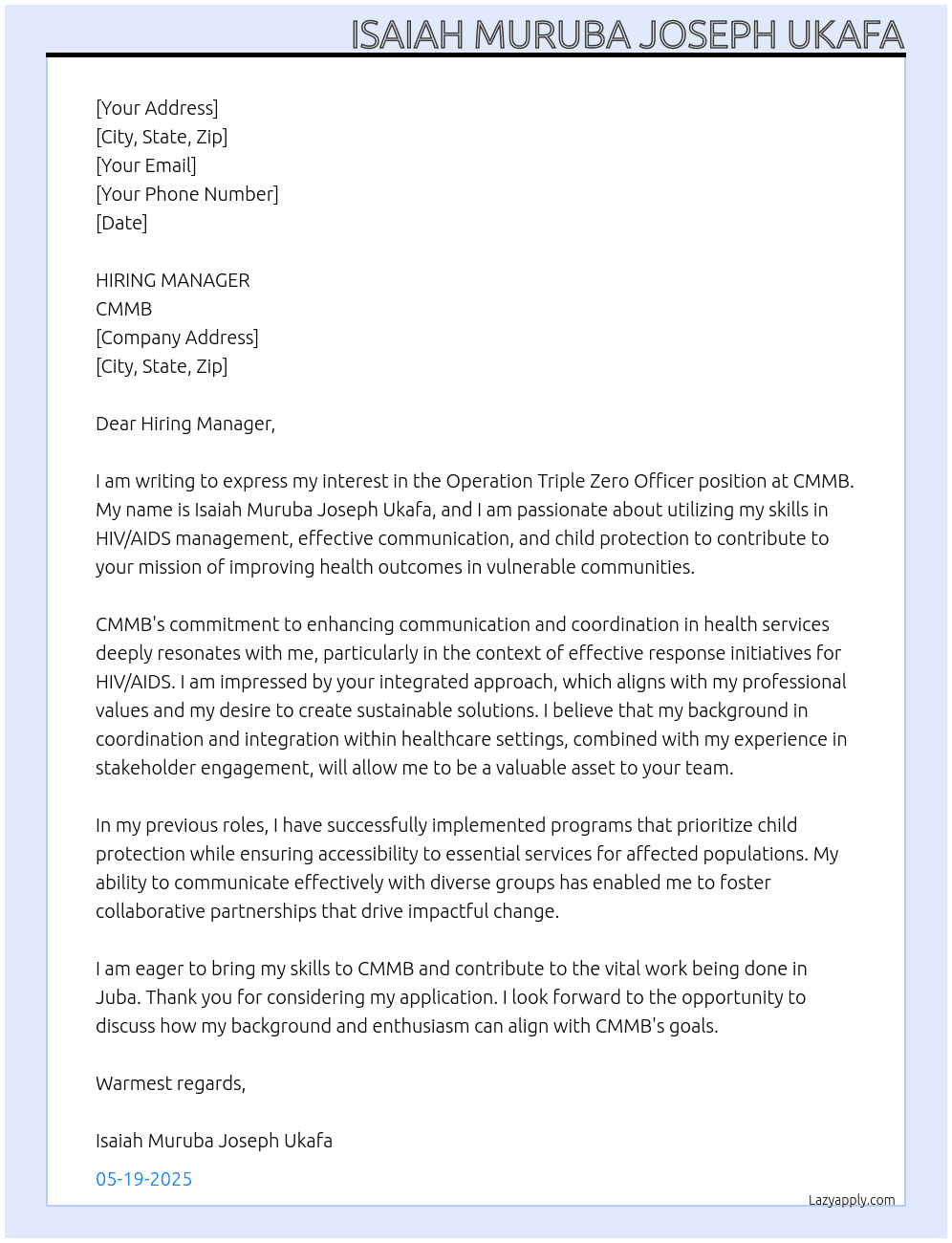 OPERATION TTRIPLE ZERO OFICER At cmmb Cover Letter