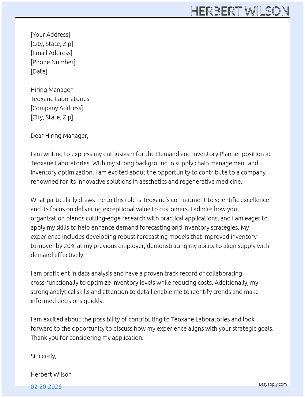 Demand and Inventory Planner At Teoxane Laboratories Cover Letter
