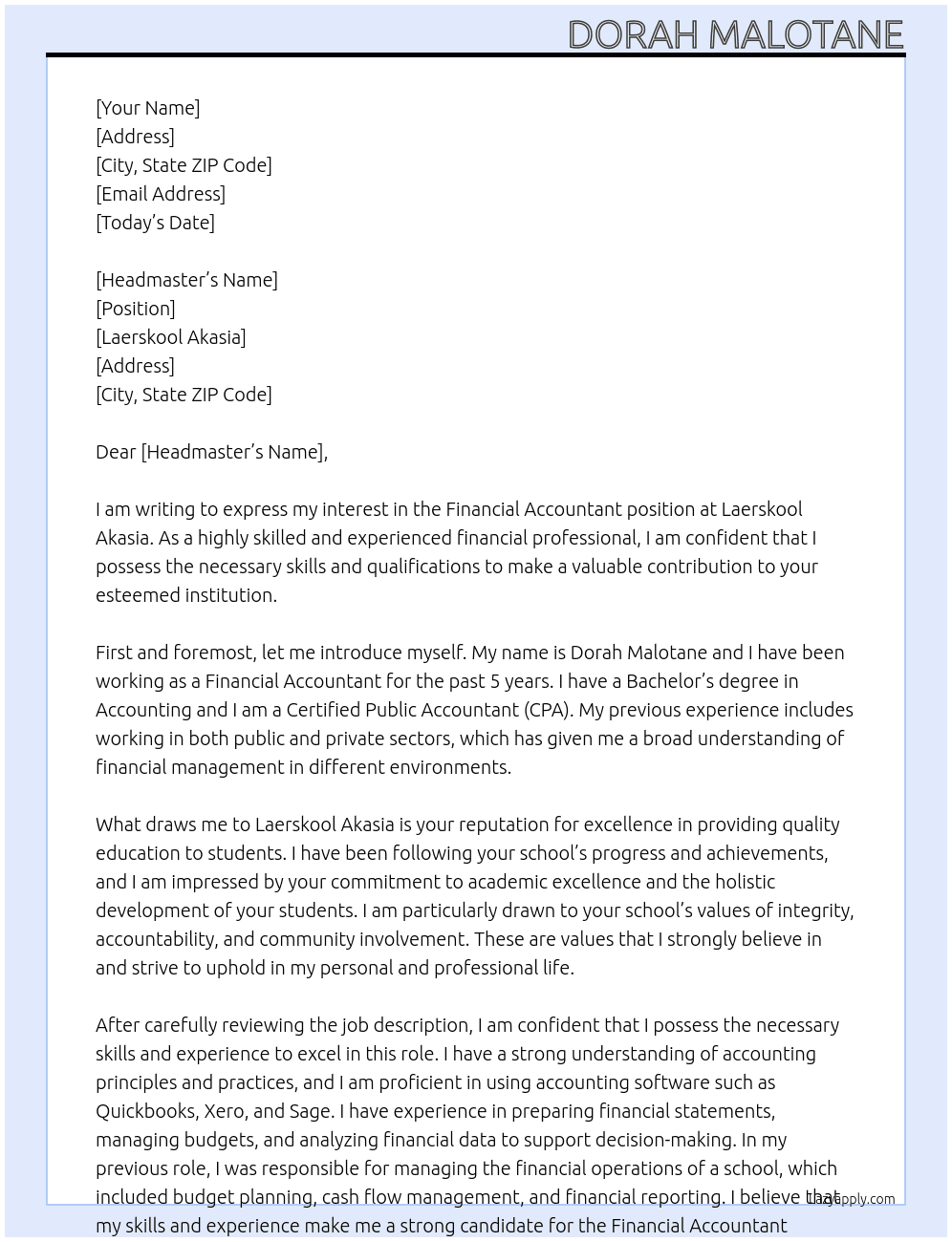 Financial Accountant At Laerskool Akasia Cover Letter