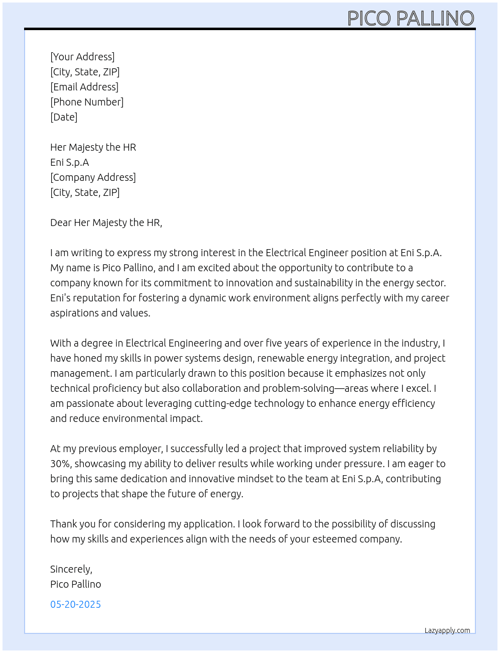 Electrical engineer At Eni spa Cover Letter