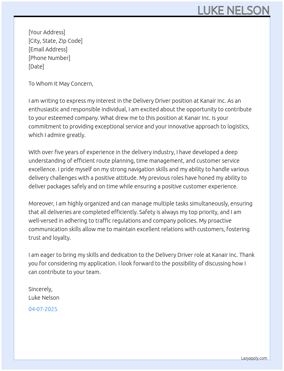 Delivery Driver At Kanair Inc Cover Letter