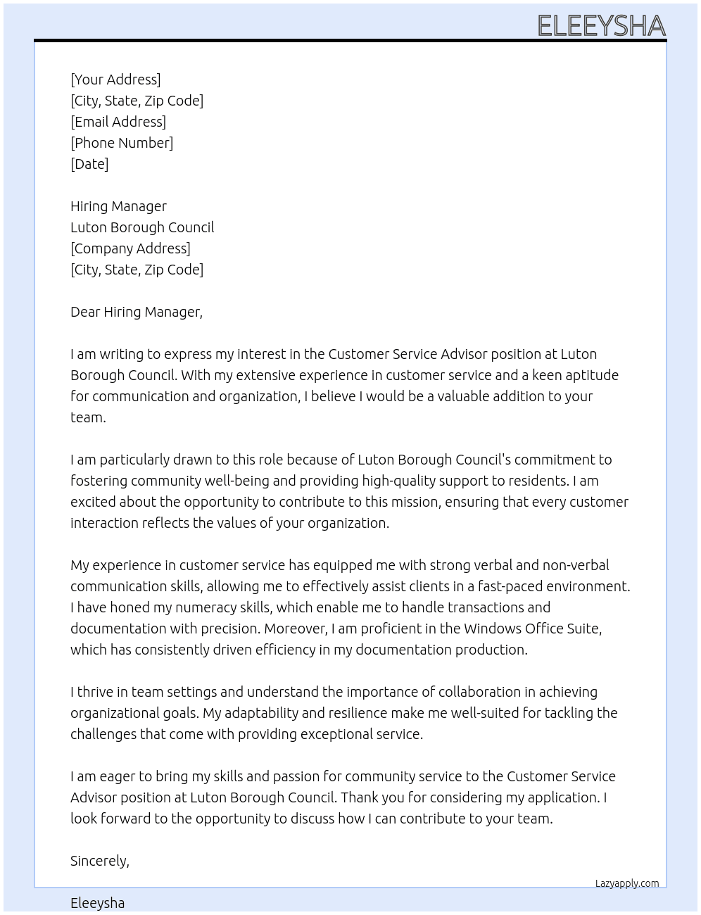 Customer Service Advisor At Luton Borough Council Cover Letter