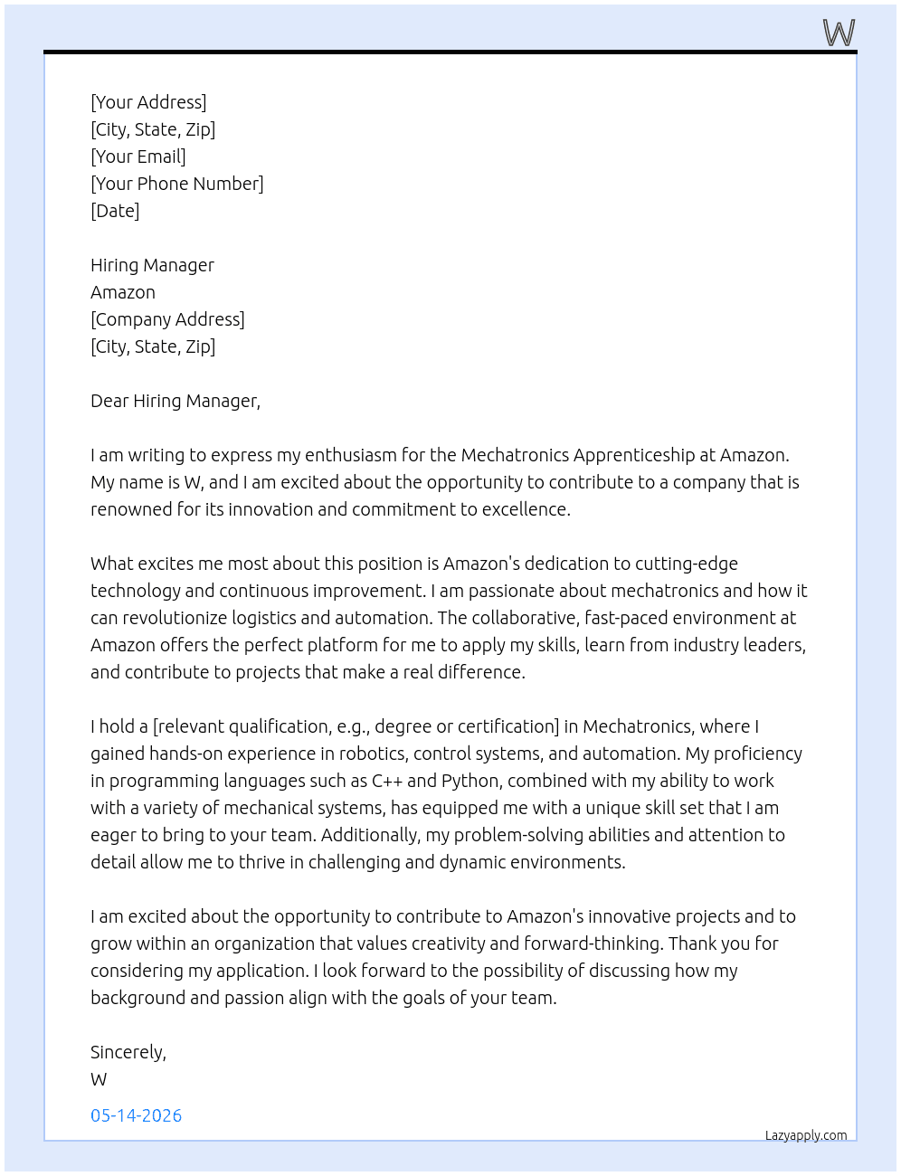 Mechatronics Apprenticeship At Amazon Cover Letter