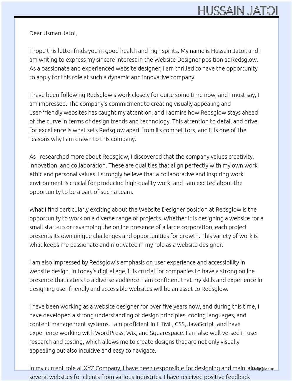 Website Designer At Redsglow Cover Letter