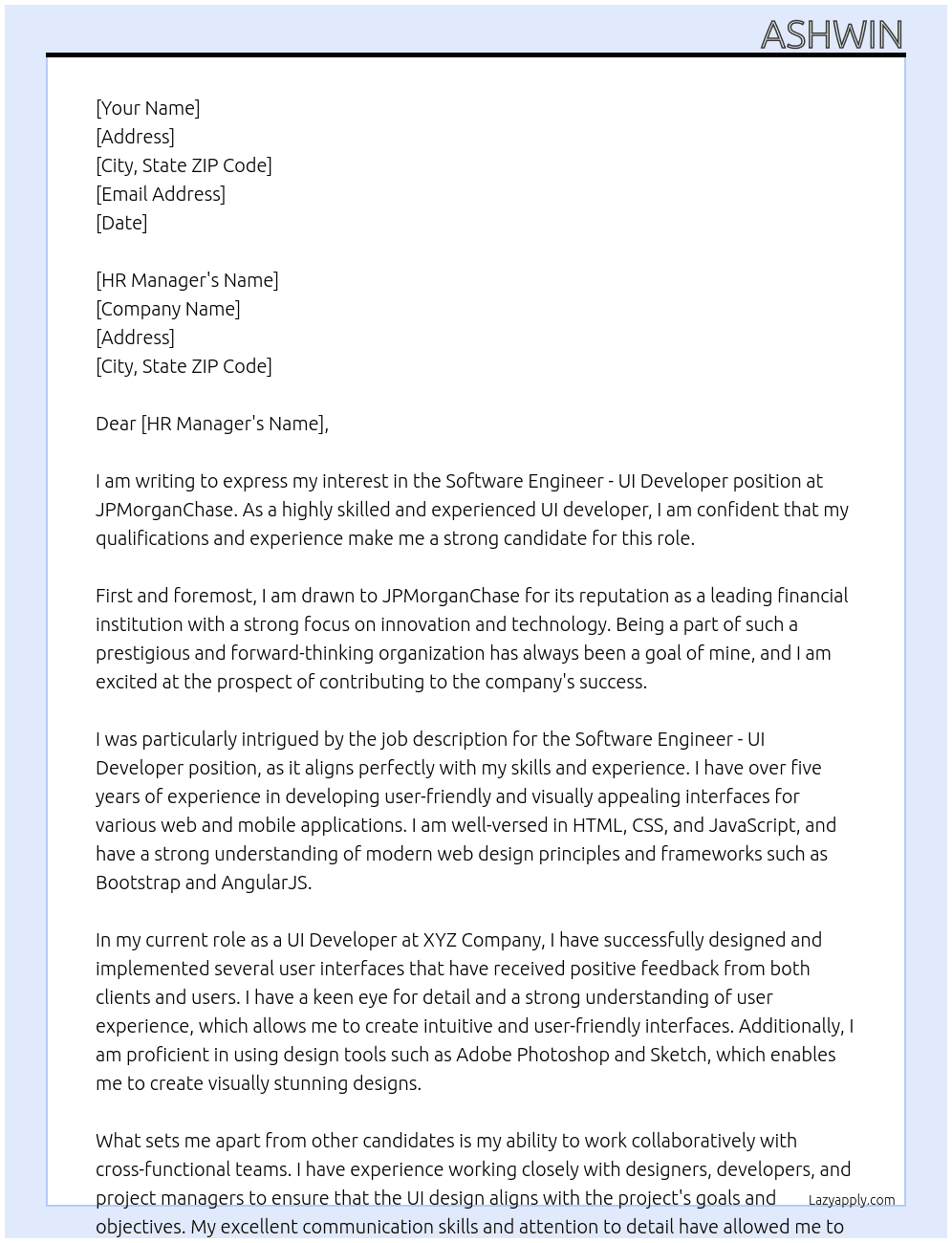 Cover letter for software engineer - ui developer - LazyApply