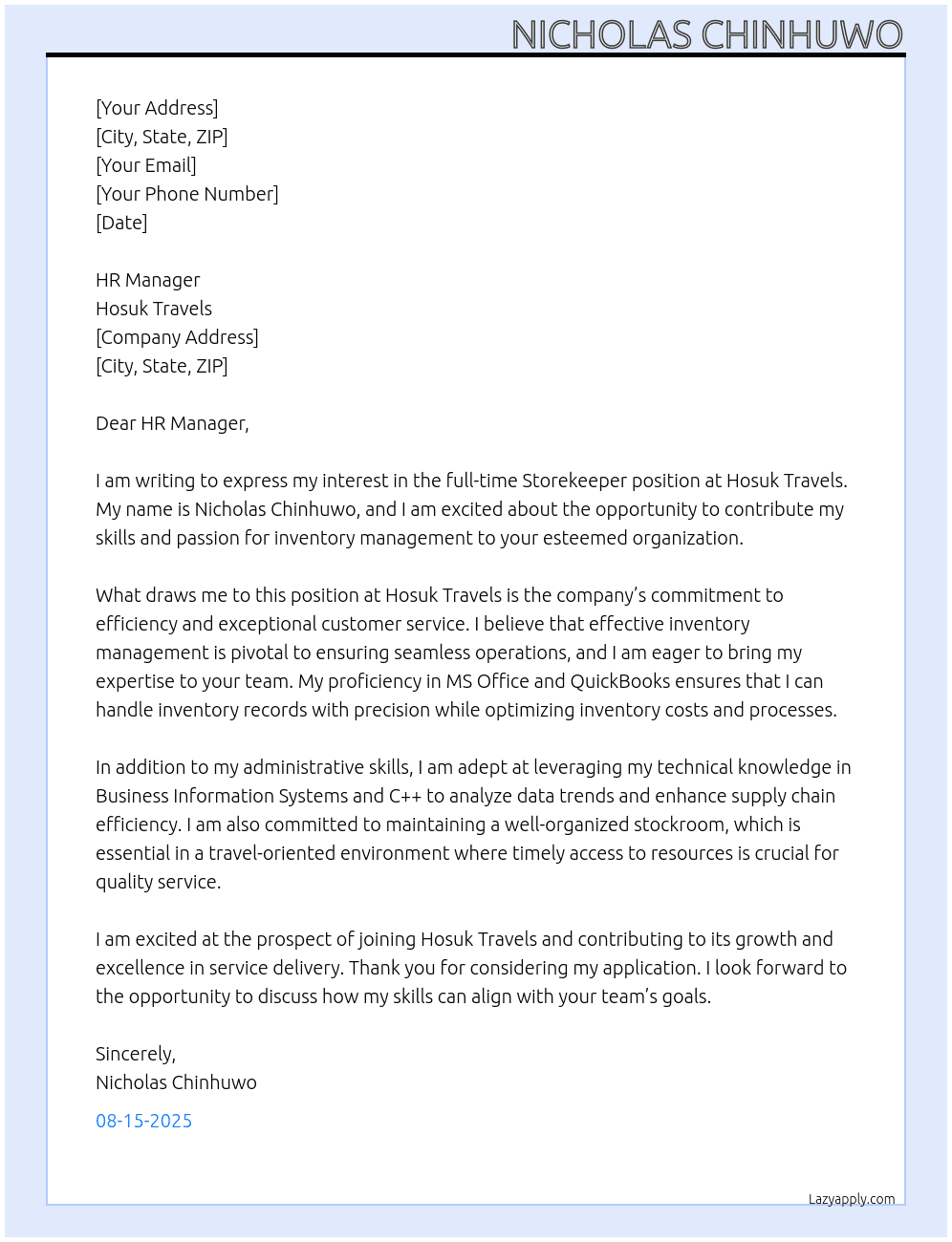 Storekeeper At Hosuk Travels Cover Letter