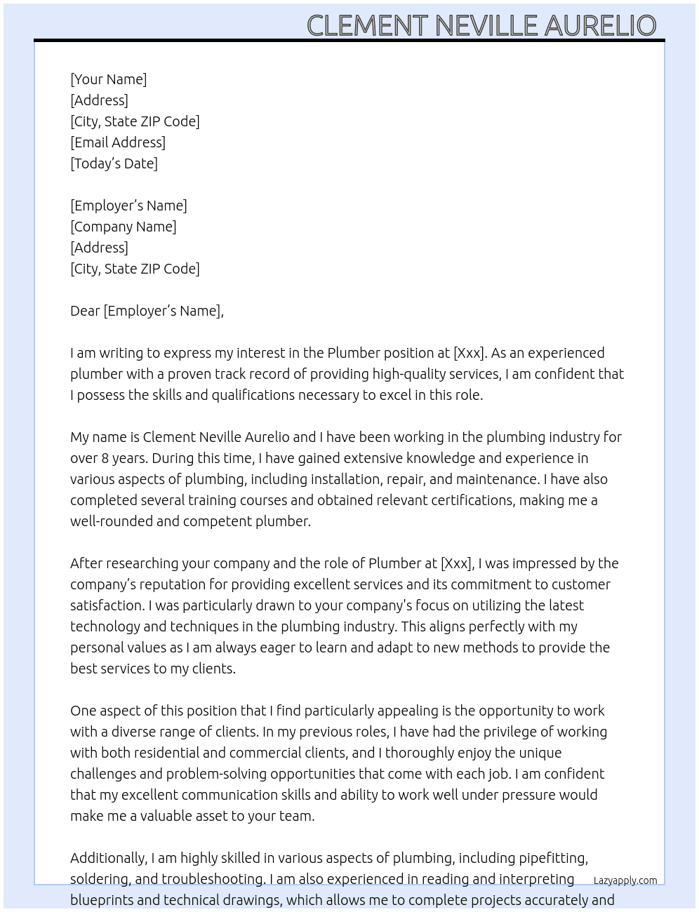 Plumber At Xxx Cover Letter
