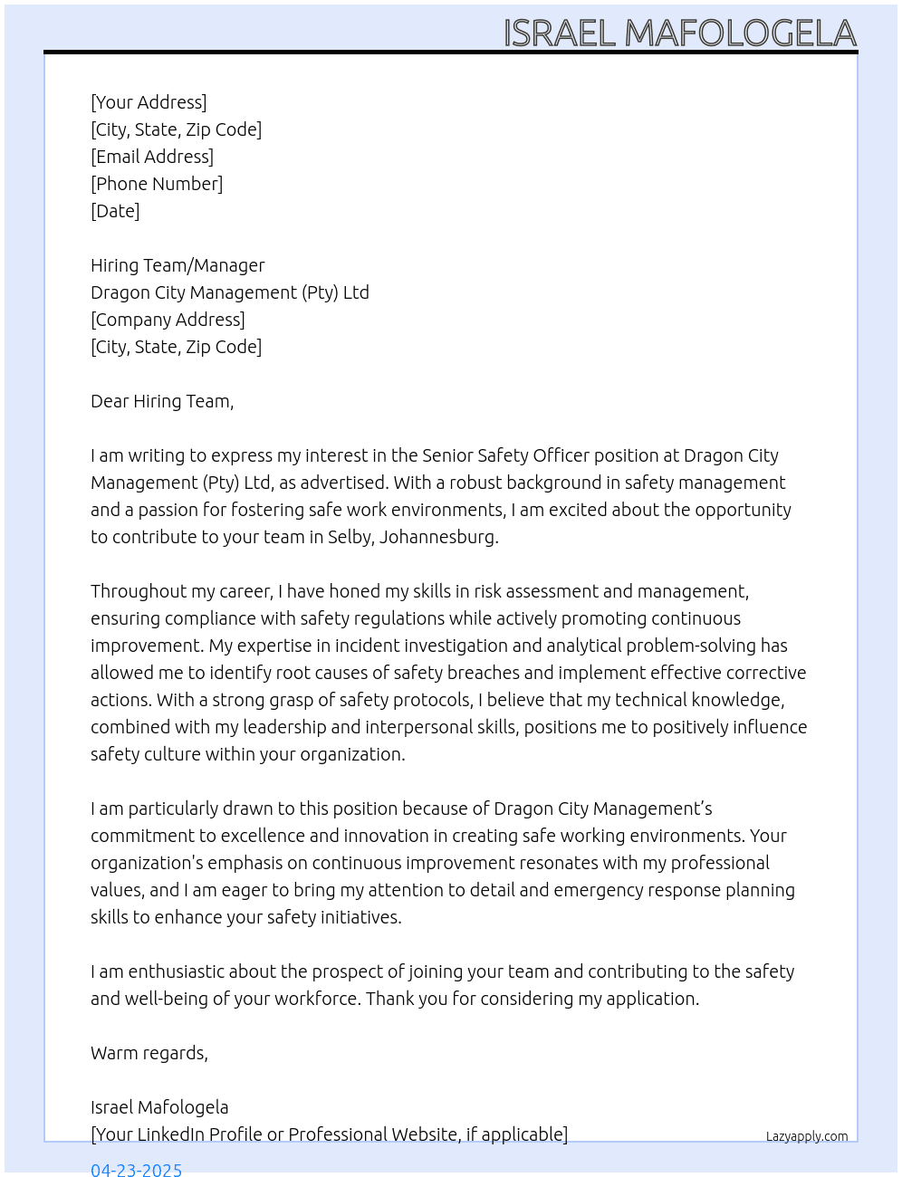 Senior Safety Officer At Dragon City Management (Pty) Ltd Cover Letter
