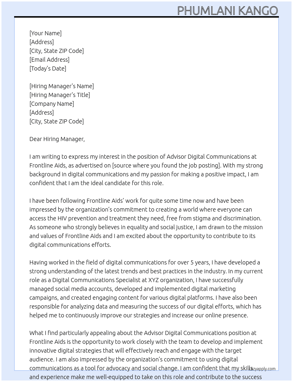 Advisor Digital Communications At Frontline Aids Cover Letter