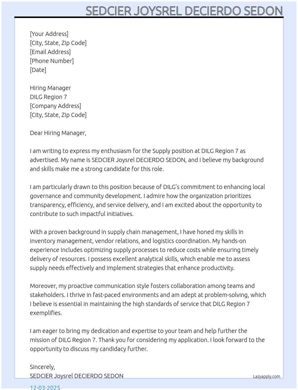 Cover letter for supply - LazyApply