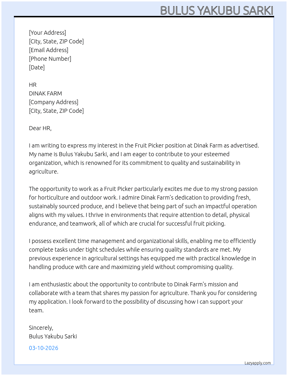 Cover letter for fruit picker - LazyApply