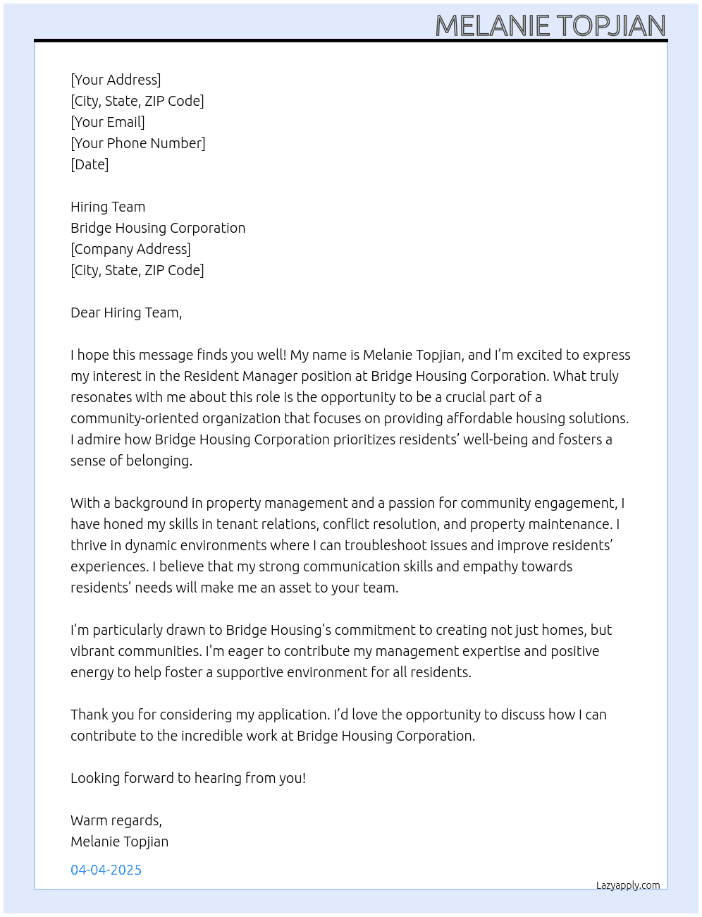 Resident Manager At Bridge housing corporation Cover Letter