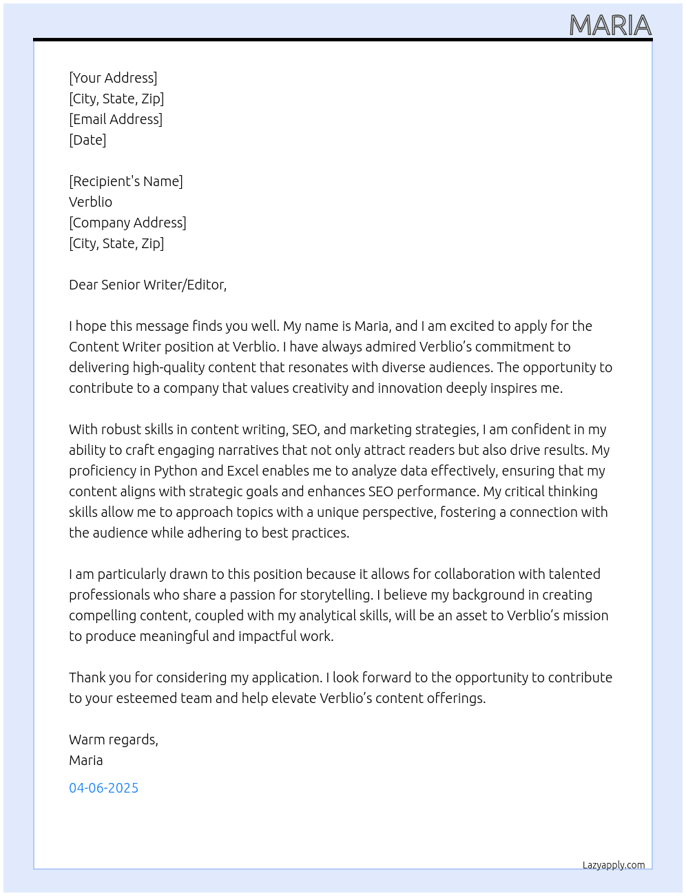 content writting At verblio Cover Letter
