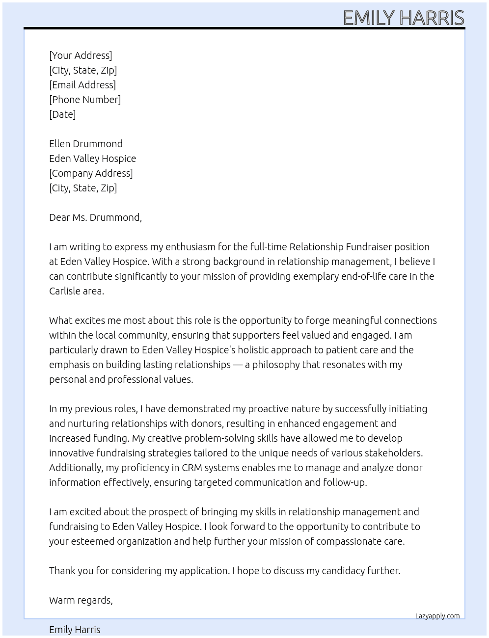 Relationship Fundraiser At Eden Valley Hospice Cover Letter