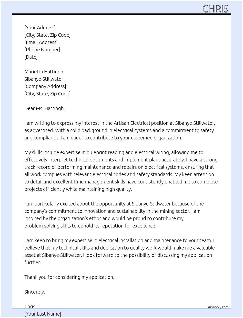 Artisan Electrical  At Sibanye-Stillwater Cover Letter