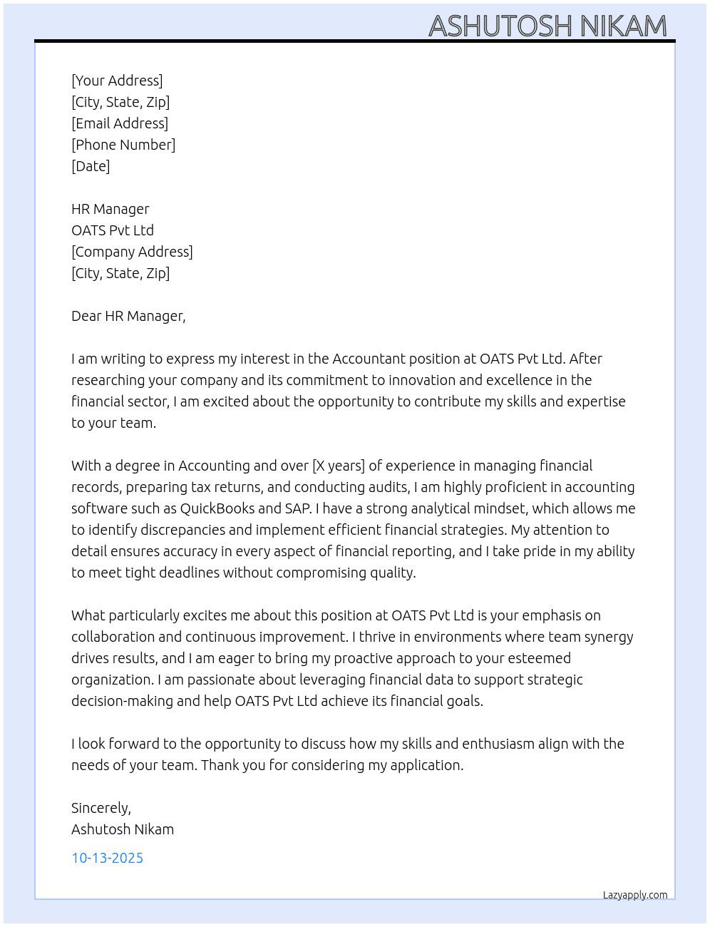 Accountant At OATS Pvt Ltd Cover Letter