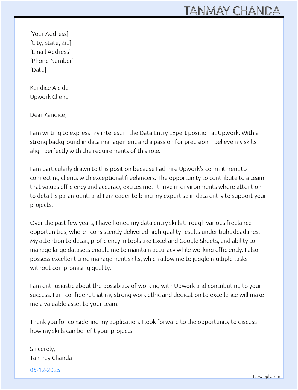 Cover letter for data entry expert - LazyApply