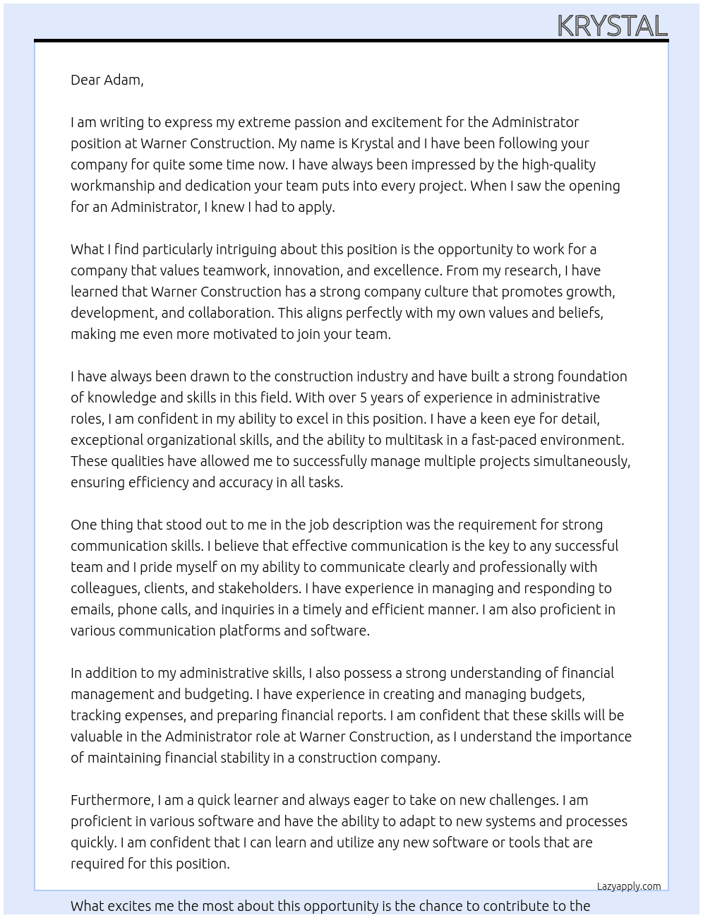 administrator At Warner Contruction Cover Letter