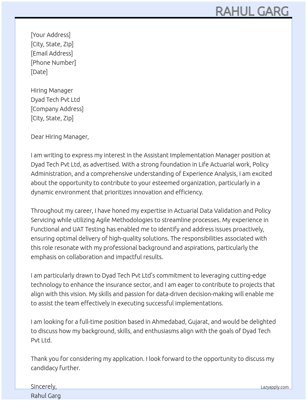 Assistant Implimentation Manager  At Dyad Tech Pvt Ltd  Cover Letter