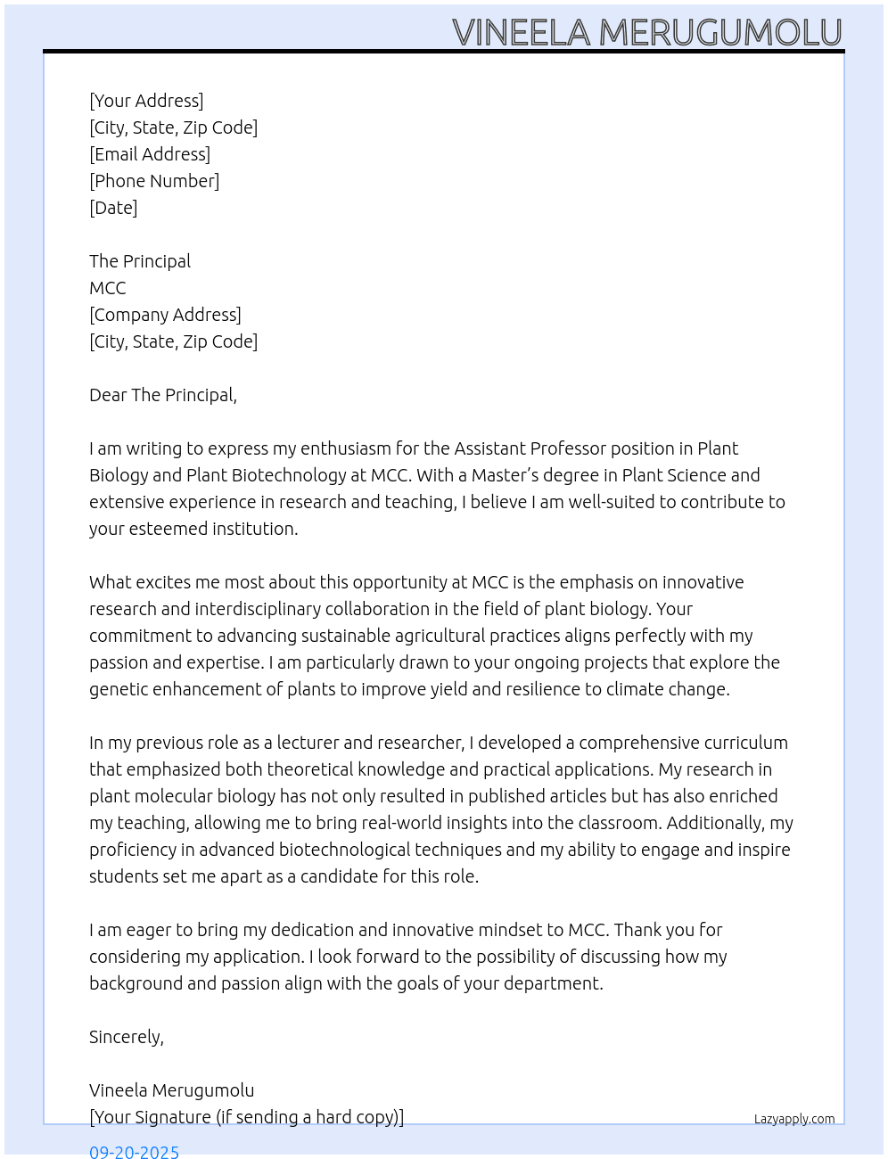 Cover letter for assistant professior plant boilogy and plant biotechnology - LazyApply
