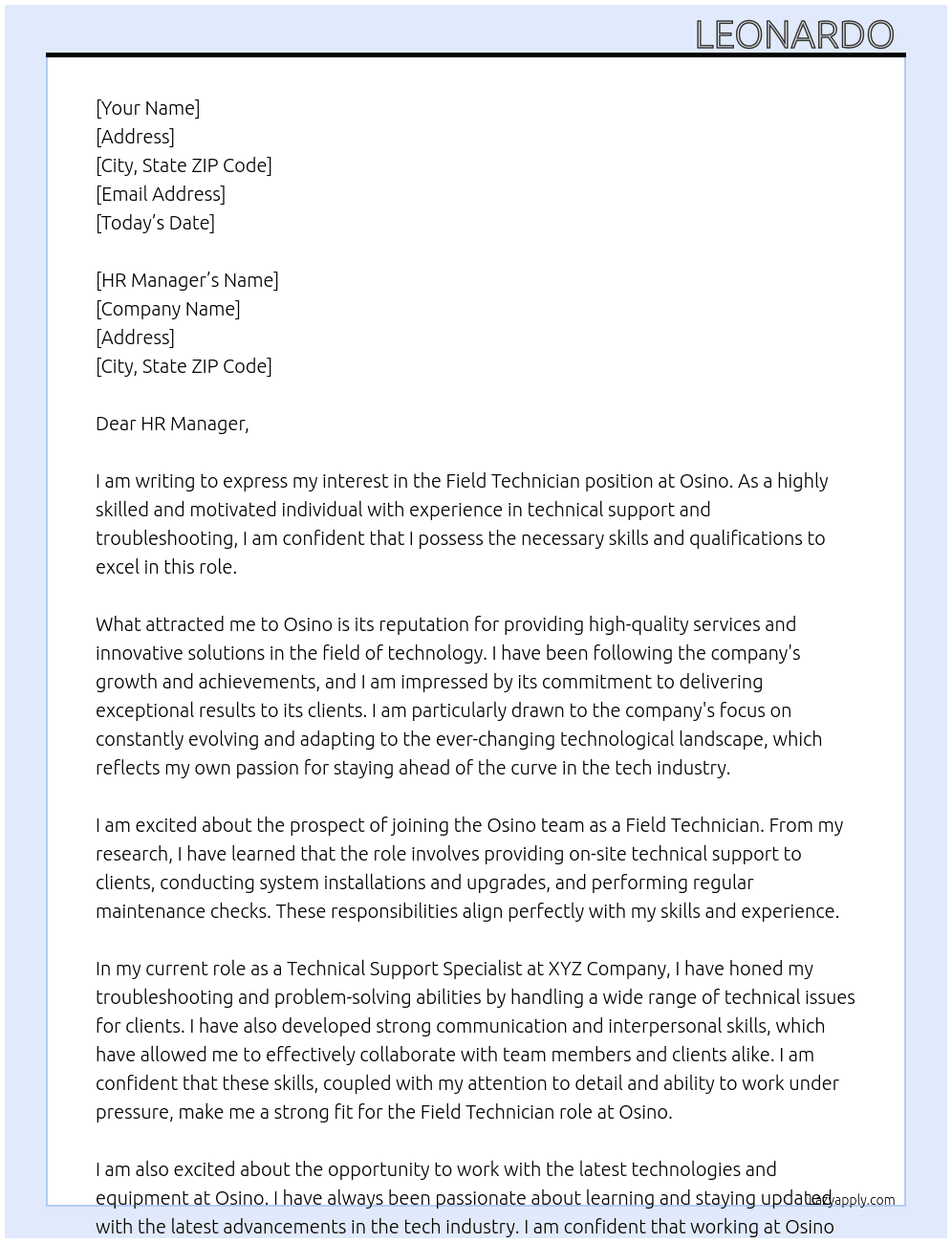 Field Technician  At Osino Cover Letter