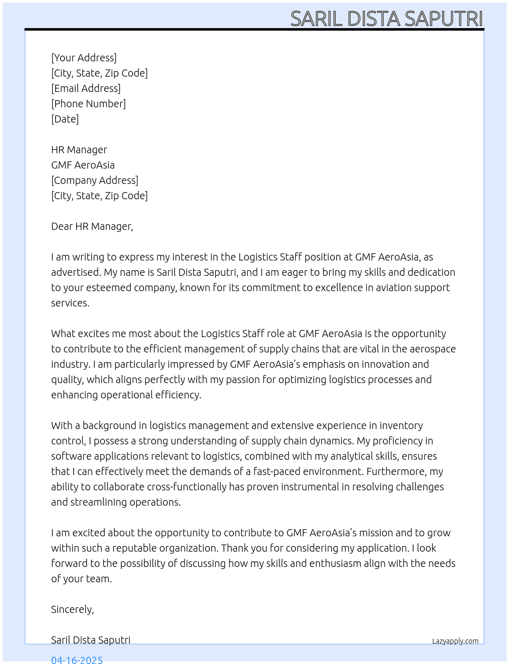 Logistics Staff At GMF AeroAsia Cover Letter