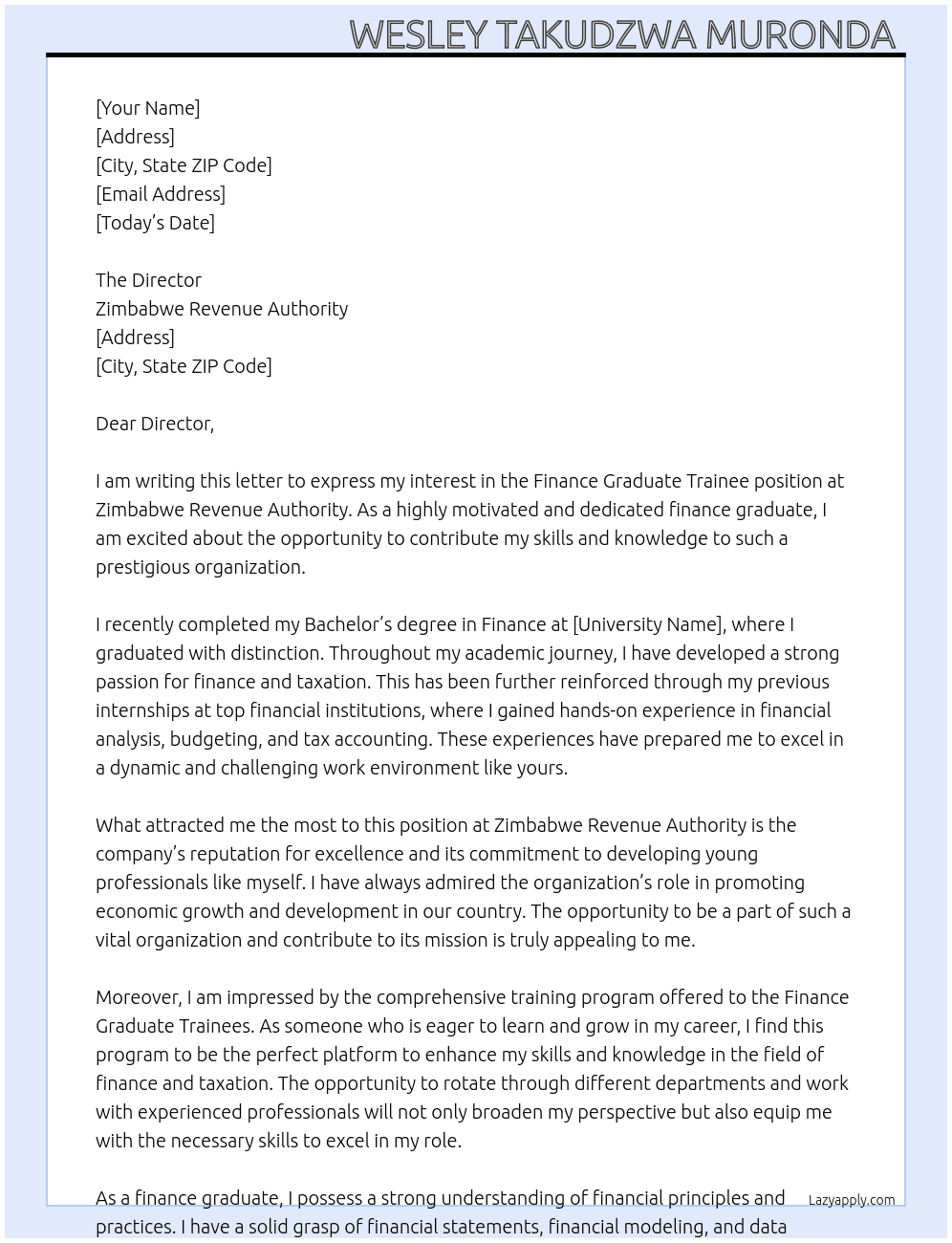 Finance Graduate Trainee  At Zimbabwe Revenue Authority Cover Letter