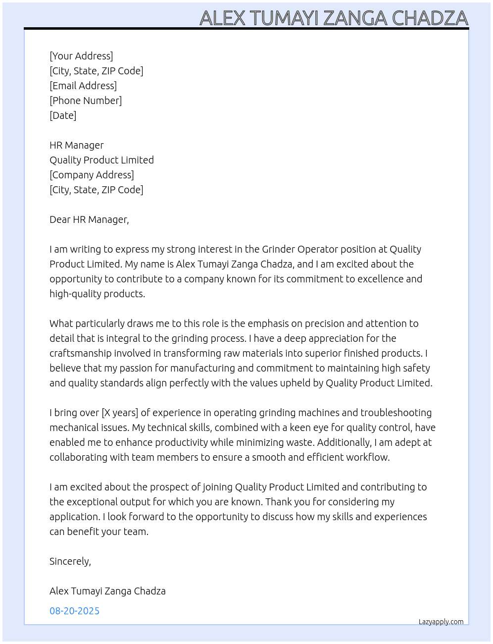 Cover letter for grinder operator - LazyApply